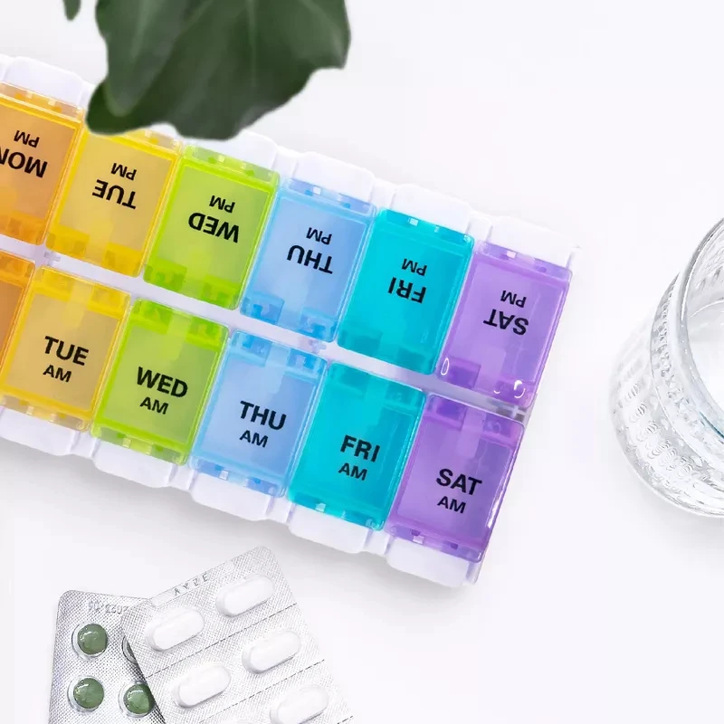 Rainbow Weekly Pill Organizer 2 Times a Day Large Daily Pill Box with Easy Push Button Design BPA-Free Medication Case for Pills