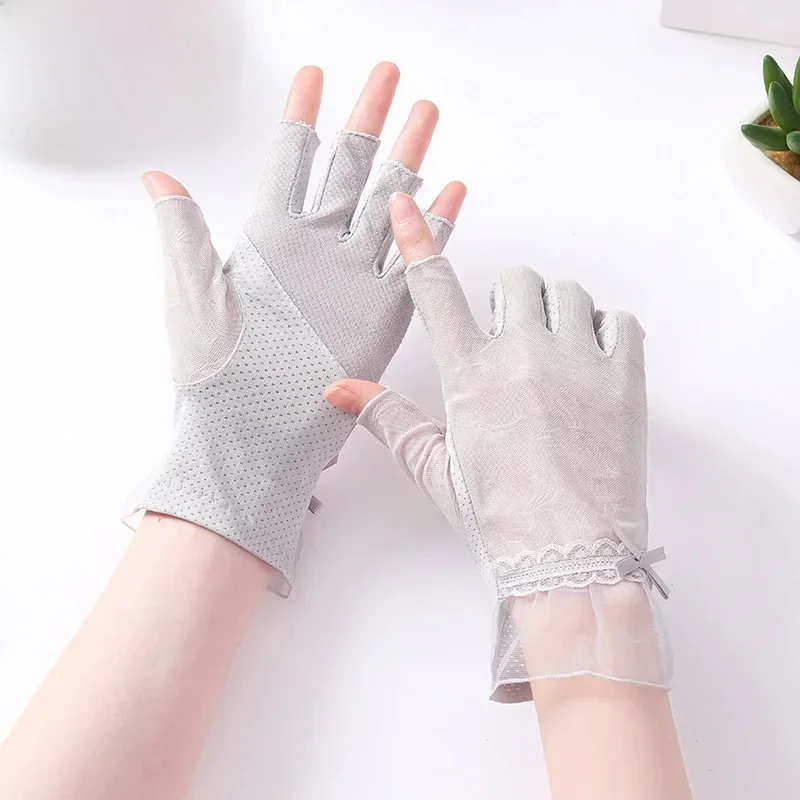 AliExpress Half Finger gloves for Women Ultra-thin Ice Silk Elastic Lace Anti Slip and Sun Protection for Driving and Cycling Half  Gloves