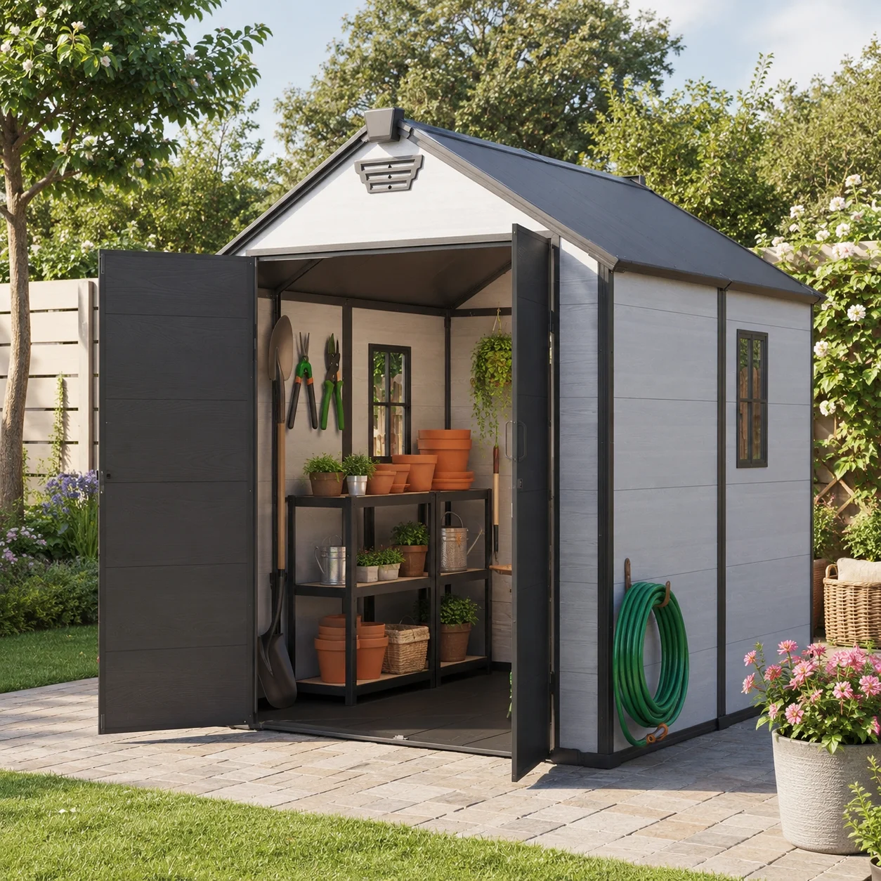 6x8 FT Outdoor Resin Storage Shed with Floor, Window & Lockable Door | Weather-Resistant Garden Shed for Bikes, Tools, Lawn Equipment & Trash Cans