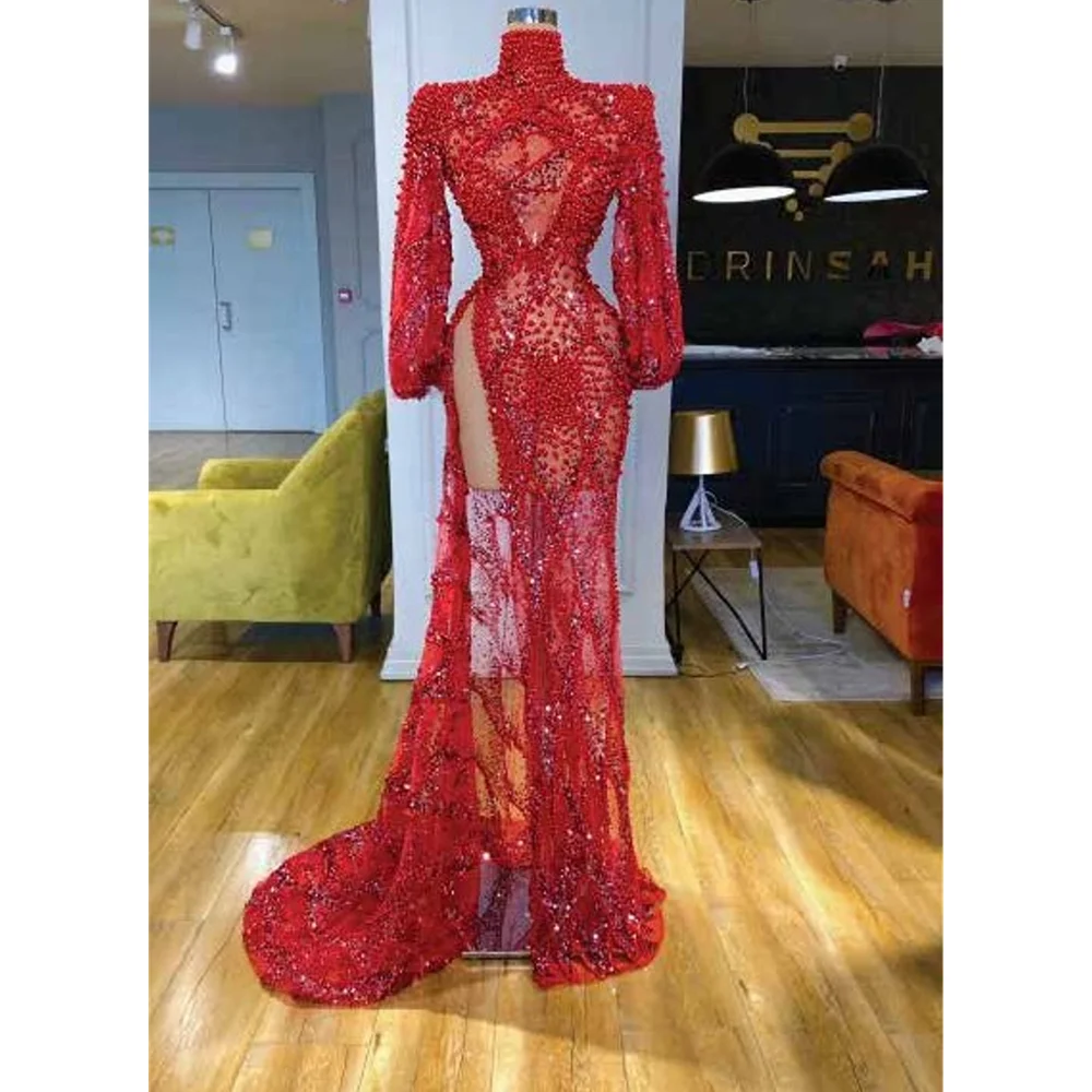 

Luxury Red Prom Dresses Full Sleeves With Sparkly Sequins Beads Side Slit Evening Gowns Custom Made Sweep Train Robes De Soirée