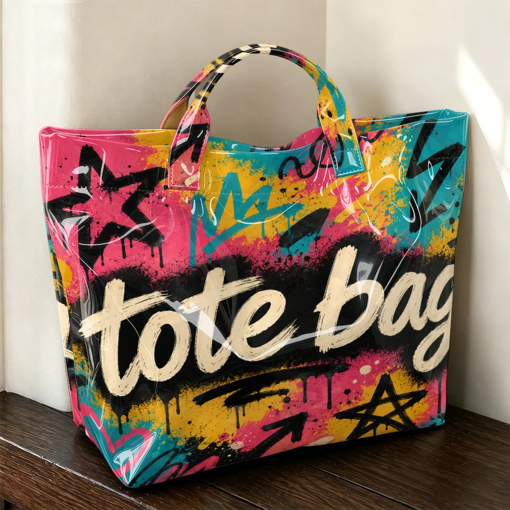 1pc Street Graffiti Splash Ink Tote Bag Printed Tote Bag Large Transparent PVC Handbag Black, Red and Yellow Contrast Splash Background+Old Brush Mark Letter Design Waterproof Beach Bag Cool Street Wind Joker One-Shoulder Shopping Bag.