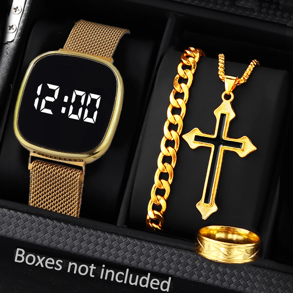 4-Piece Men's Sports Milanese Watch and Cross Jewelry Set, Suitable for Daily Wear, Exquisite Birthday Gift for Boyfriend