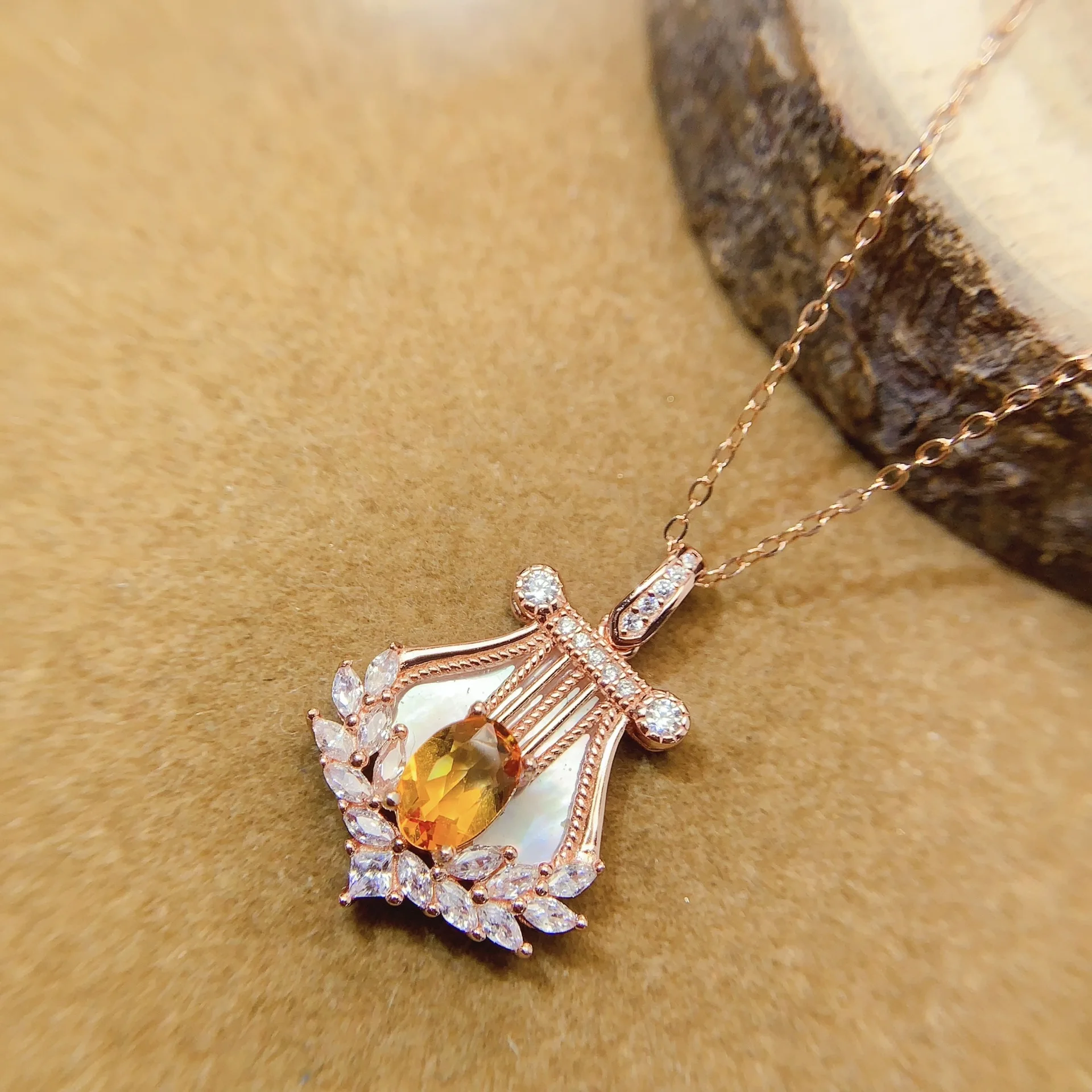 Jewelry Girl Pure Natural Yellow Crystal Necklace Pendant 925 Pure Silver Plated 18K Rose Gold Only Christmas Gift Girlfriend - view 2
