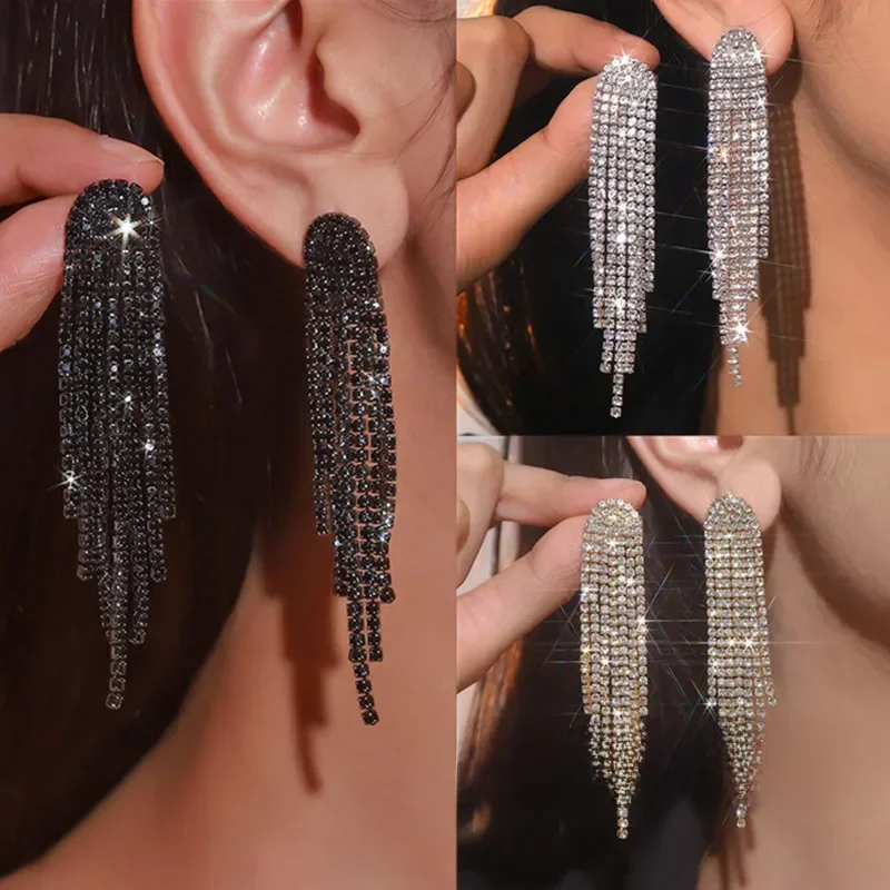 FYUAN Fashion Long Tassel Drop Earrings dla kobiet Black Gold Silver Color Rhinestone Dangle Earring Biżuteria ślubna i imprezowa — zdjęcie 2