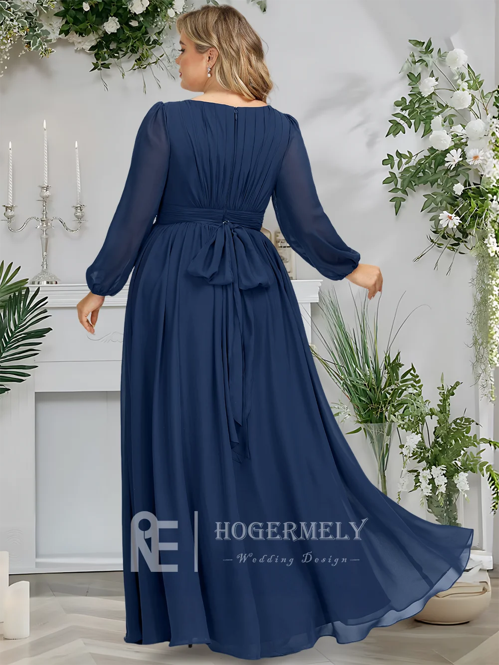 Navy Blue 2025 Elegant Scoop แขนยาว A-Line ยาวชีฟองชุดเพื่อนเจ้าสาว Ruffle งานแต่งงานเกสต์ชุด ​