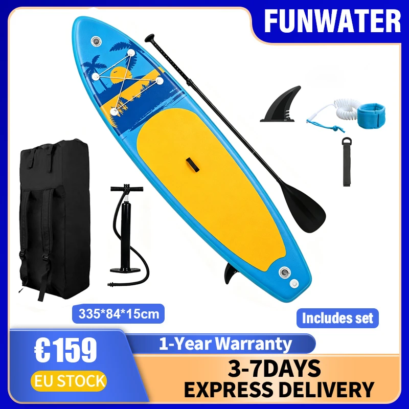 Planche de SUP étanche Funwater 335x84x15cm, capacité de charge 165kg, épaisse, antidérapante et stable, avec accessoires de paddle complets pour tous les niveaux