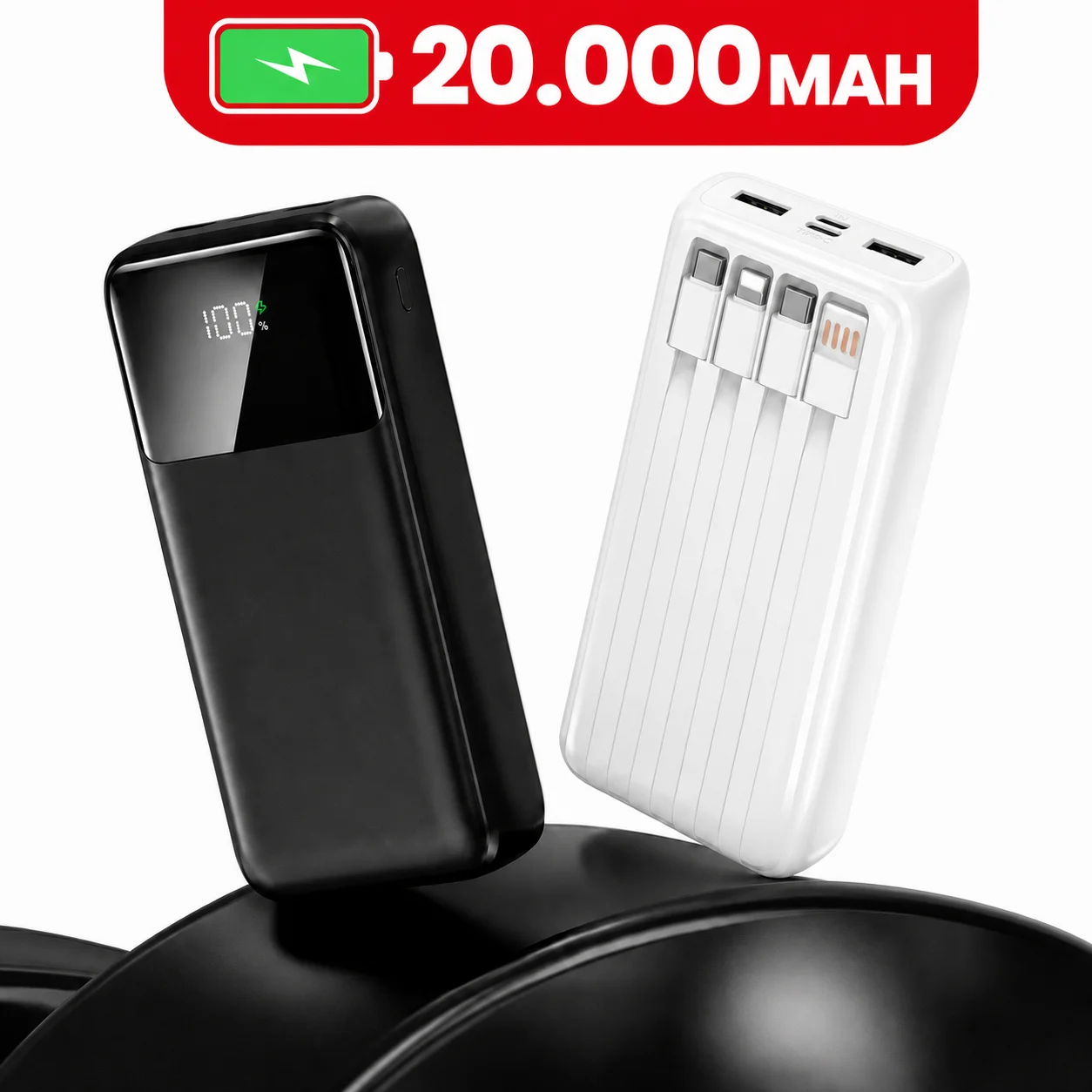 Power Bank 20000mAh Carregador Portátil com 4 Portas USB e Display Digital, Carregamento Rápido para Celular e Tablet