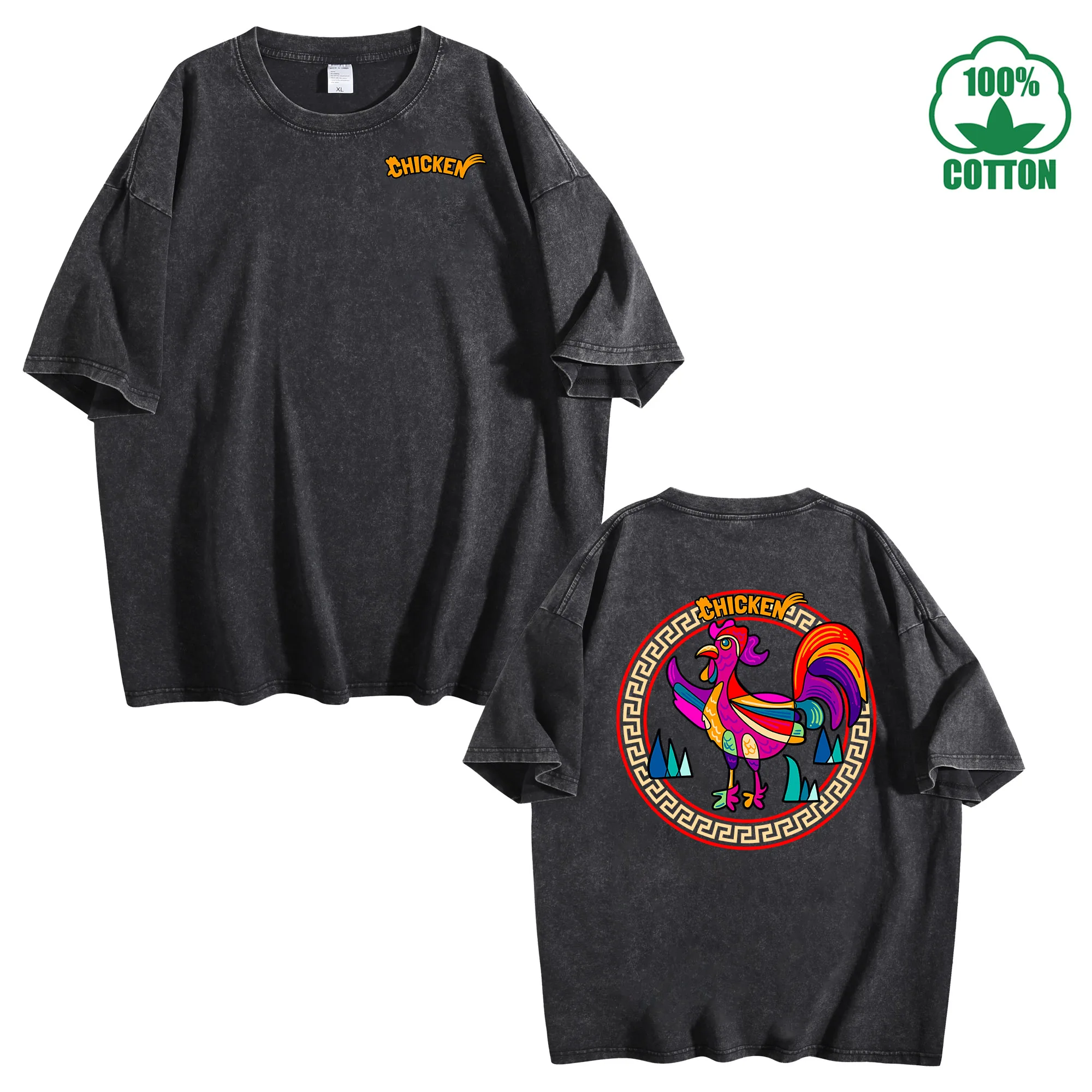 تي شيرت كلاسيكي مطبوع على الوجهين على شكل دجاجة ملونة 230 جرام 100% قطن مريح كبير الحجم ملابس الشارع للجنسين