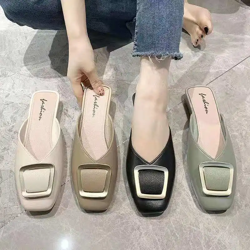 Summer Baotou Half Slippers Women Wear Square Buckle Lazy Fashion French Flat Bottom Sandals And Slippers Ins Tide Shoes