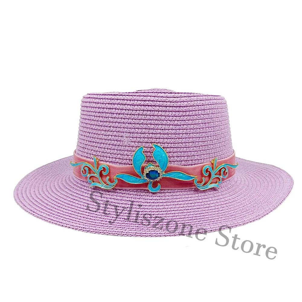 New style straw hat French British style women's summer bump top hat retro royal banquet fancy gold velvet ribbon beach vacation