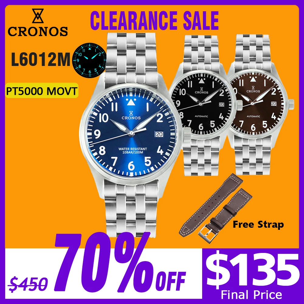 Cronos Pilot Flieger Mechanical Men Watch 39mm Stainless steel Super Lum Domed Sapphire Crystal Leather Nylon Strap L6012