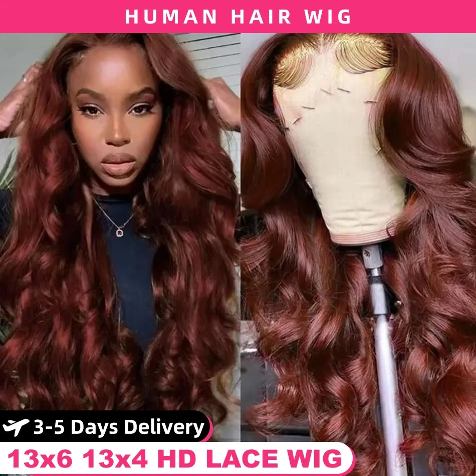 

220 Density 30 42 Inch Reddish Brown Body Wave Human Hair Wigs 13x6 HD Lace Frontal Red Colored 13x4 Lace Front PrePlucked Wig