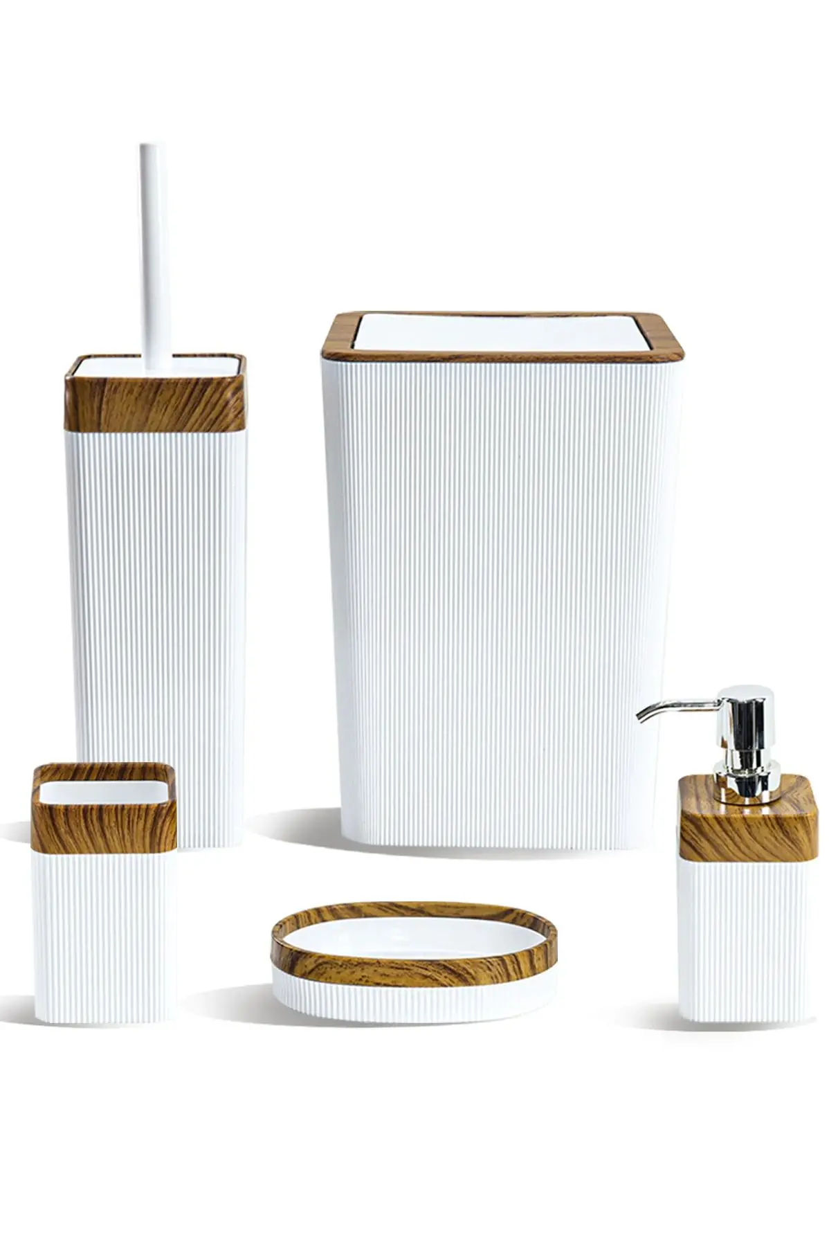 Bathroom Accessory Set White Wood Durable Plastic 5 Pcs Toothbrush Holder Liquid And Solid Soap Dispenser Toilet Brush Trash Can