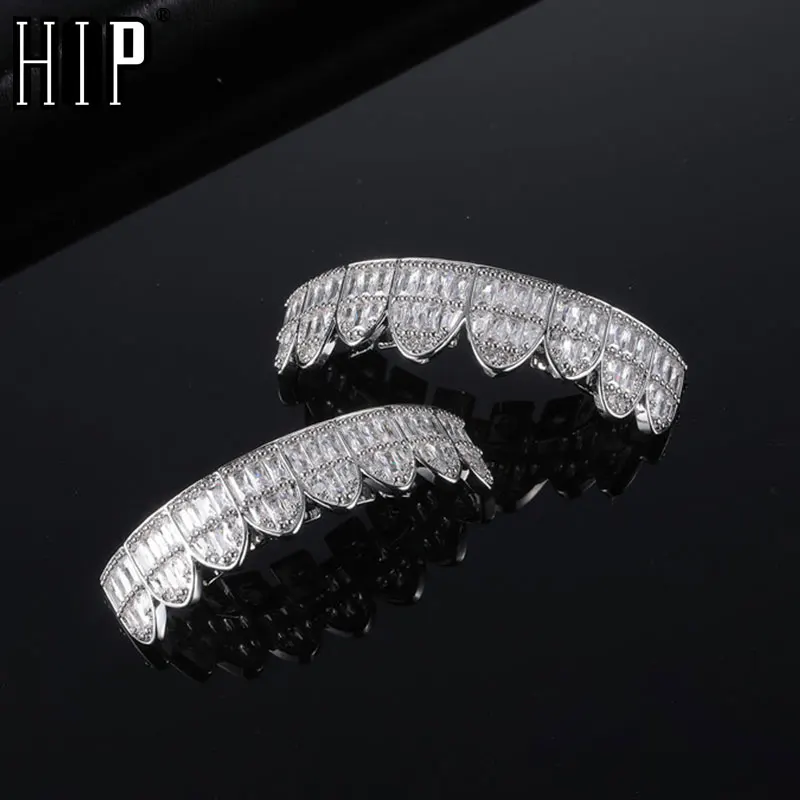 Hip Hop Baguette Stones CZ Teeth Grillz Caps Cubic Zircon Iced Out Micro Pave Top&Bottom Charm Grills For Men Women Jewelry