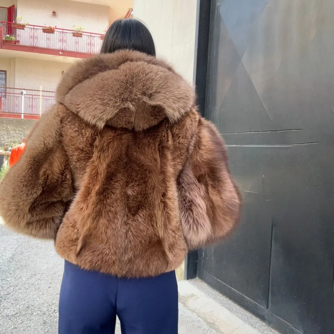 Luxury Women Real Fox Fur Jacket with Hood Winter Fashion Thick Warm Natural Fur Overcoats Genuine Full Pelt Fox Fur Cooat Woman