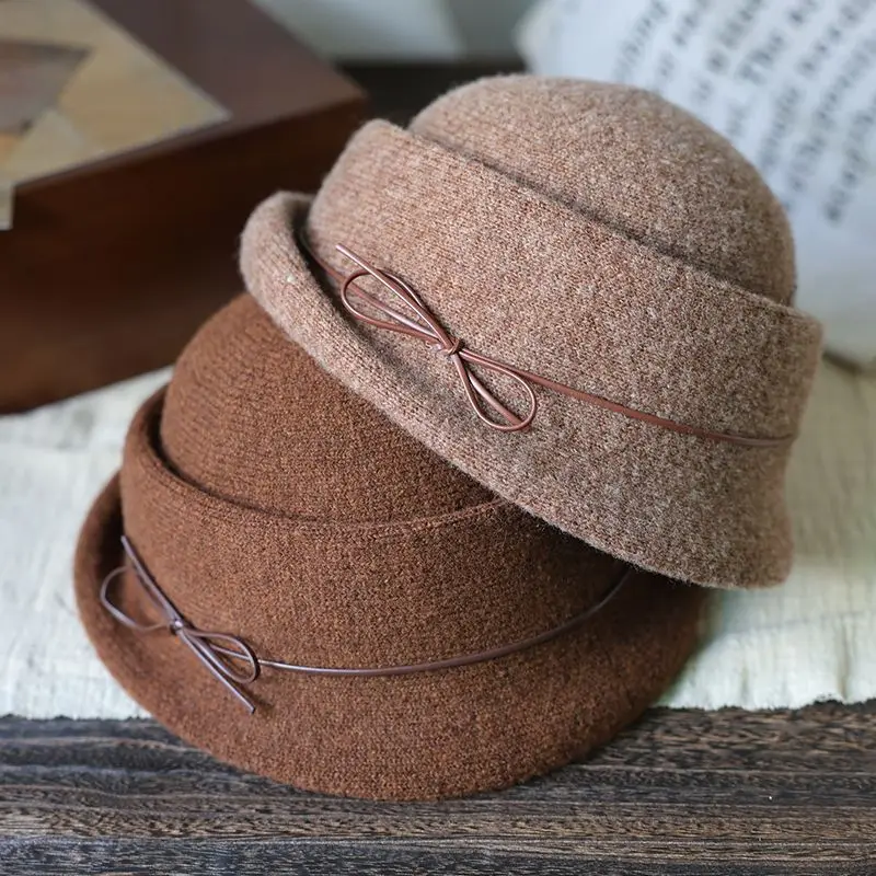 Hepburn Vintage style ivory cloche hat Beret Hats For Women Ladies Elegant French Wool Felt Hat  Autumn/Winter