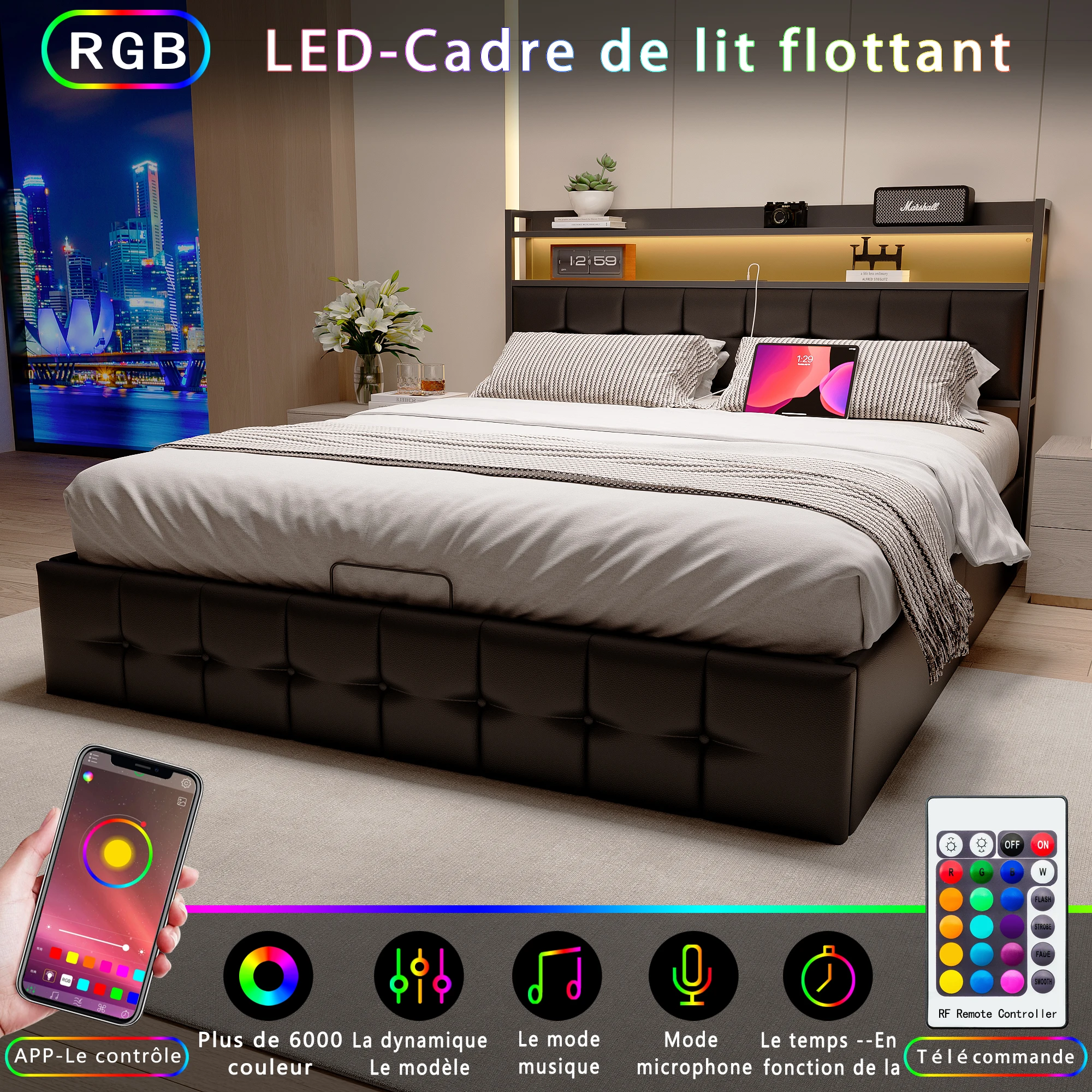 140 x 200 cm bed met LED-verlichting en USB-oplaadpunten, hydraulisch opbergsysteem, zwart PU-materiaal, jeugdbed/volwassenenbed
