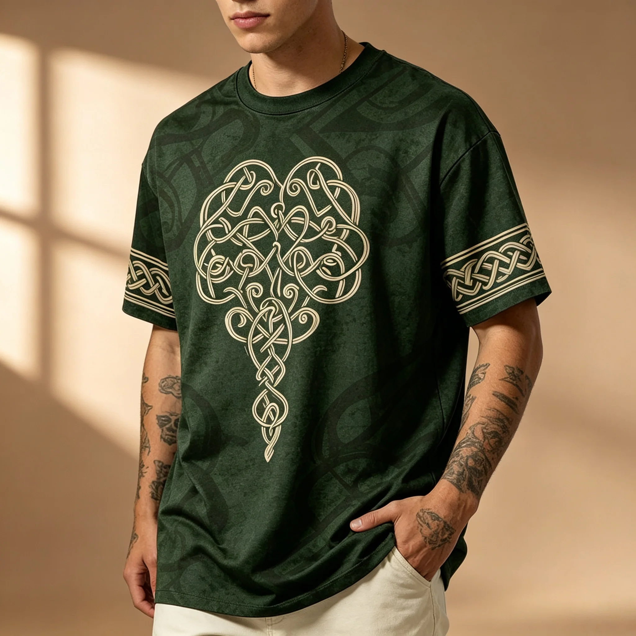 Men Celtic Knot Graphic T-Shirt Vintage Irish Knot Heart Cross Print Short Sleeve Loose Fit Casual Streetwear Tops
