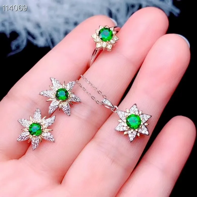 

KJJEAXCMY Boutique Jewelry 925 sterling silver natural 5x5mm diopside women's pendant ring 2-piece set electroplated rose gold p
