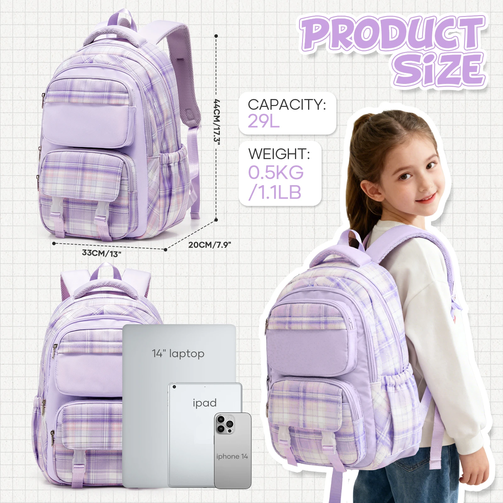 Elementary School Bag Middle School Backpack Teenage Girl Casual School Backpack Cute Multipocket Daypack, Backpack for School