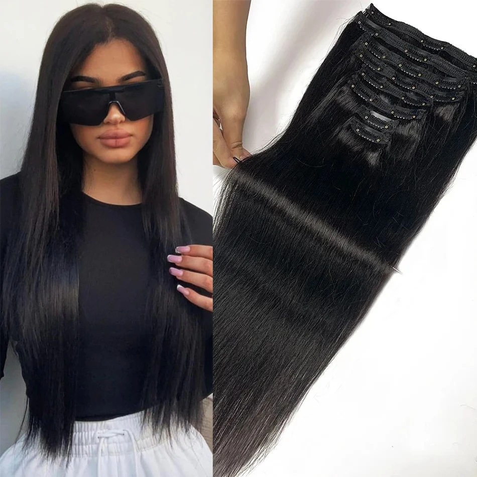 Natural Black Clip in Hair Extensions 100% Real Human Hair Soft Silky Straight 18clips Seamless Hair Extension Clip In for Women