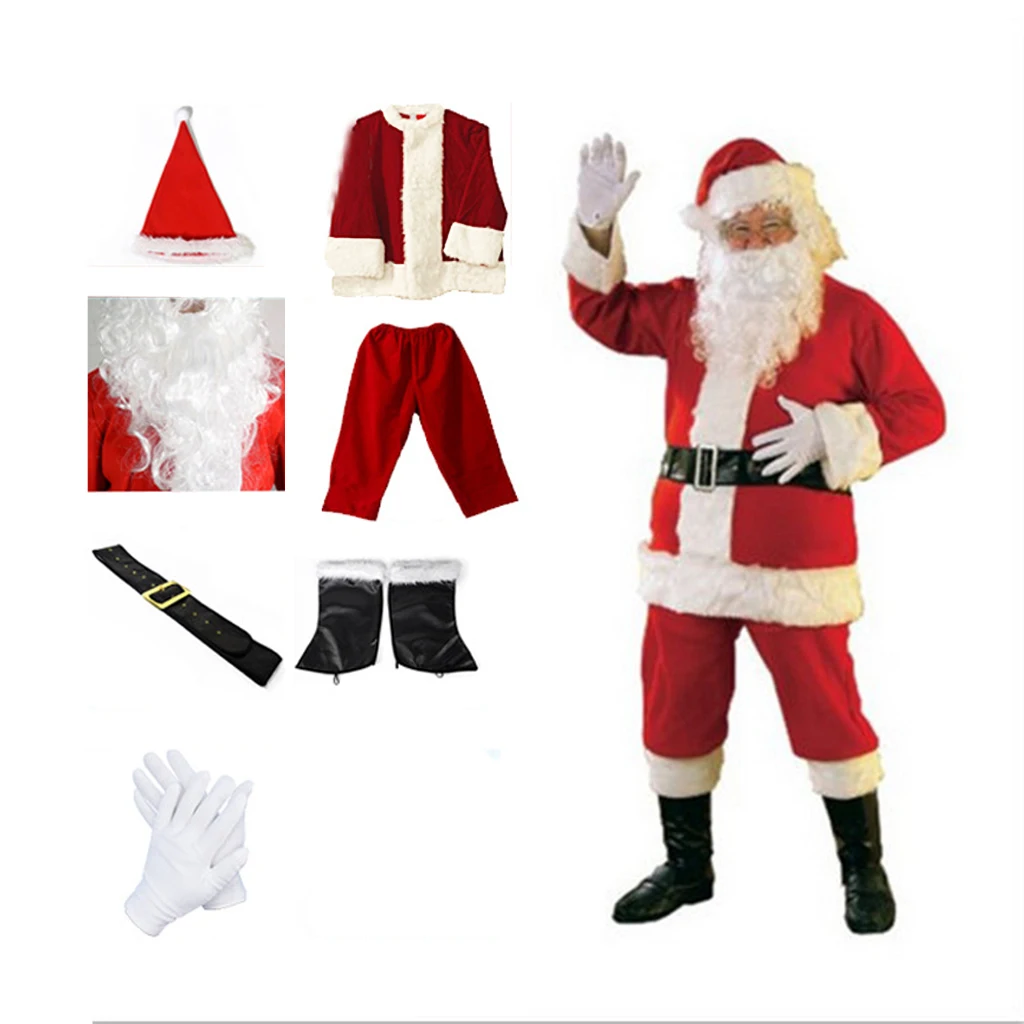 New Year Christmas Santa Slaus Costume For Men Women Adult Fancy Cosplay Costumes Red Suit Coat Pants Beard Belt Hat Set Clothes