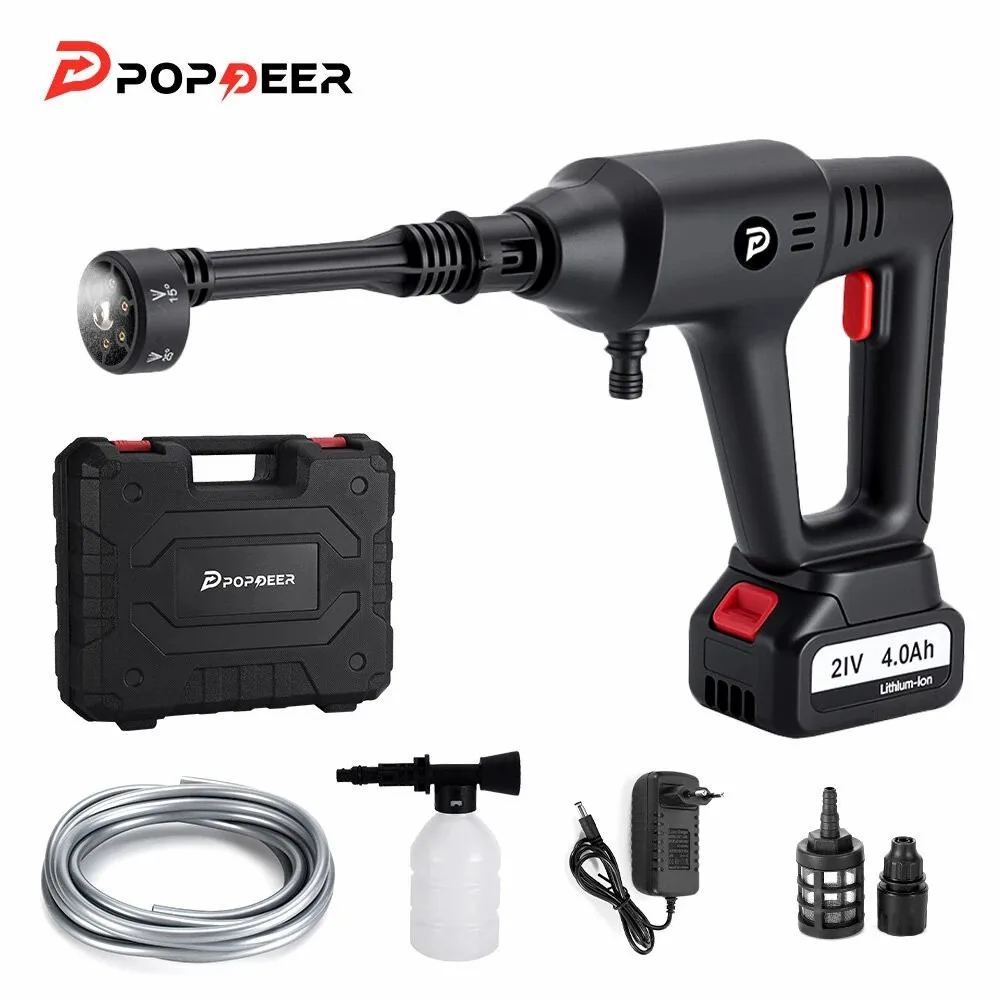 POPDEER PD-W01 Bezprzewodowa myjka wysokociśnieniowa do samochodu, dysza 6-w-1, 200 bar, bateria 4.0Ah, wąż 5m do czyszczenia samochodu