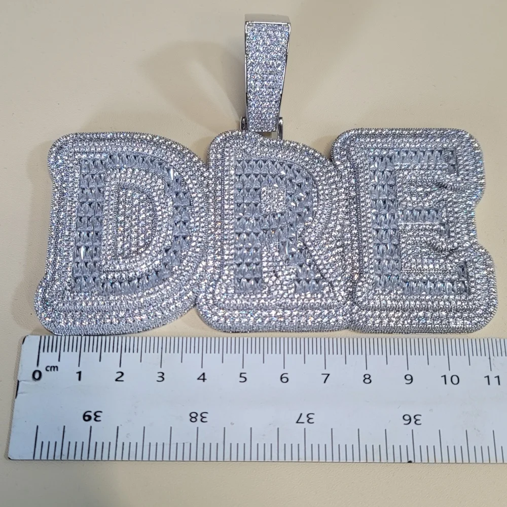Custom Whole Piece Glossy Solid Back Personalized Big Baguettecz Letter Pendant Charms Name Necklace Cuban Chain Hip Hop Jewelry