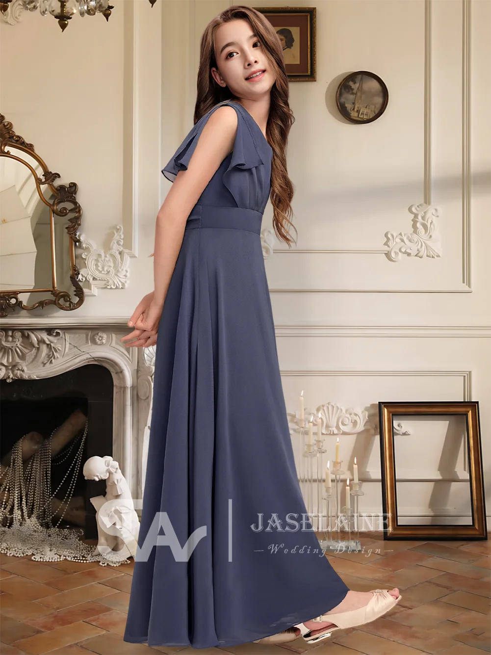 Elegant V-Neck Junior Bridesmaid Dress Floor-Length Chiffon Pleated Flower Girl Dress Girls Party Formal Wedding Gowns