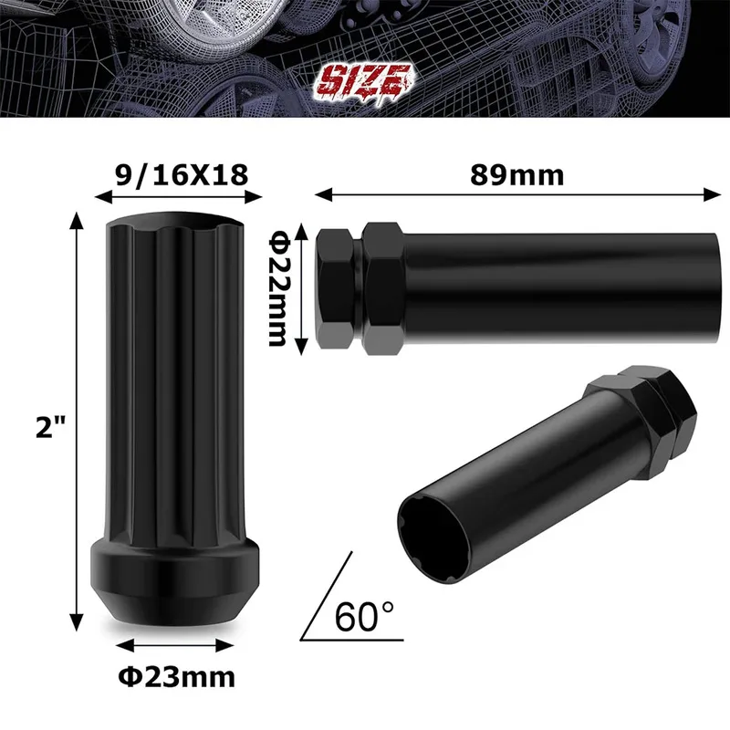 9/16-18 Radmuttern, 32 Stück Ausbuchtungs-Eichel, geschlossenes Ende für LKWs und SUVs – Schwarz