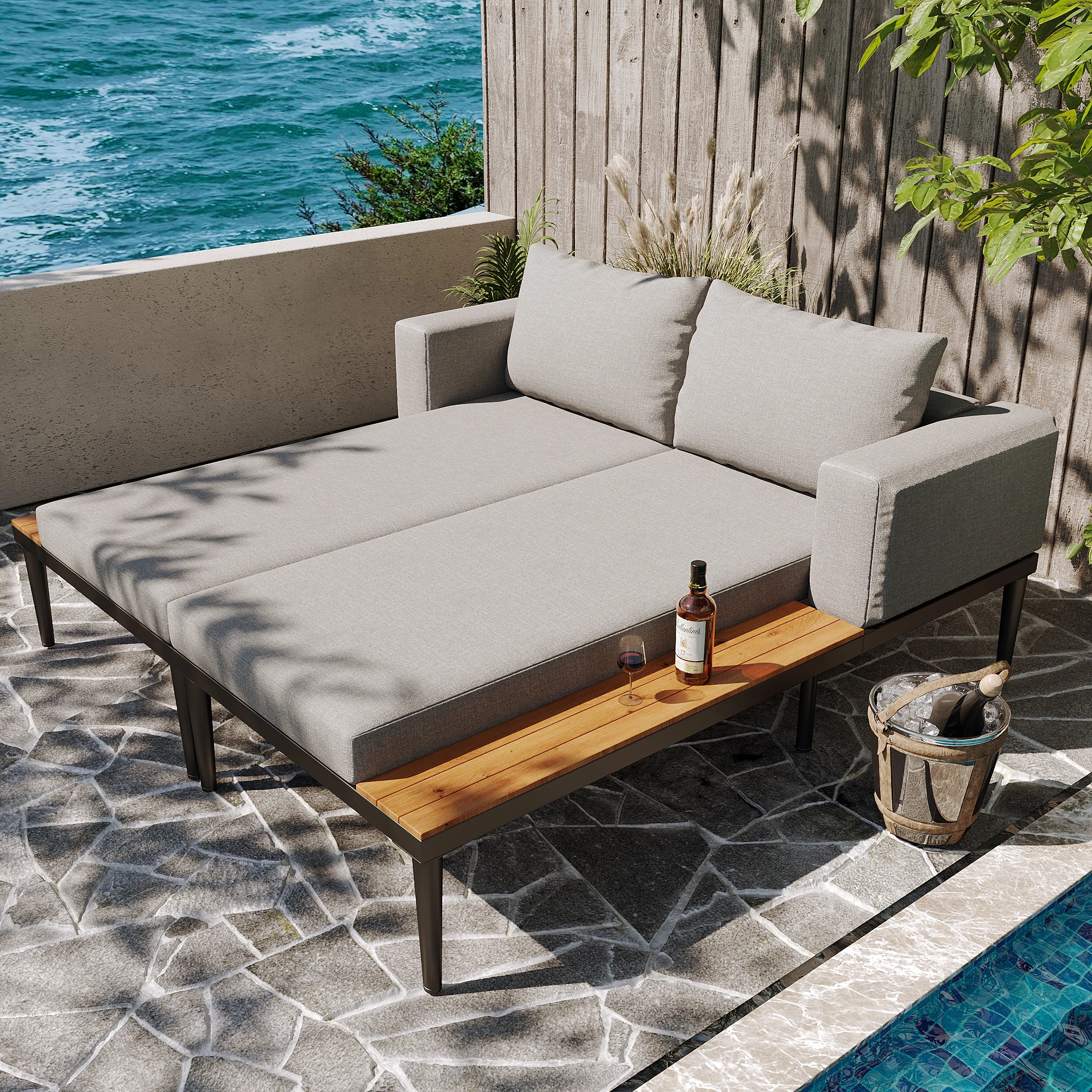 Merax Outdoor Patio Daybed,Double Lounge Bed, Outdoor-Liegestuhl,Multifunktionales wasserdichtes