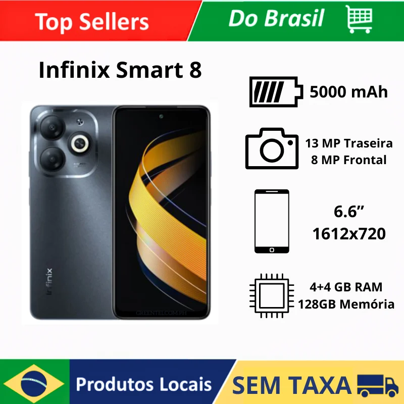 Celular Infinix Smart 8 128GB / 4GB RAM (+4 dinâmica) 4G LTE - Bateria 5000 mAh