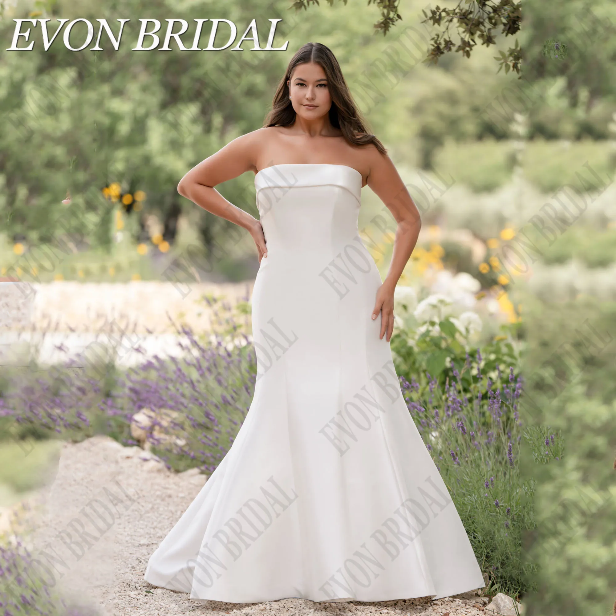 

EVON BRIDAL Customized Plus Size Wedding Gown Strapless Button Back Mermaid Bride Gowns Satin Wedding Dress Women Sweep Train