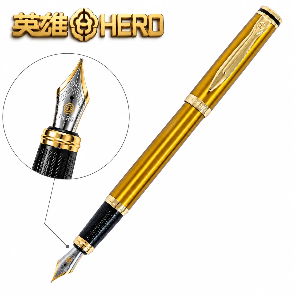 HERO 6177 Fountain Pen Shimmer Gold Metal Body 0.5mm Iridium Nib with Piston Converter Support 3.4mm Ink Cartridge Business