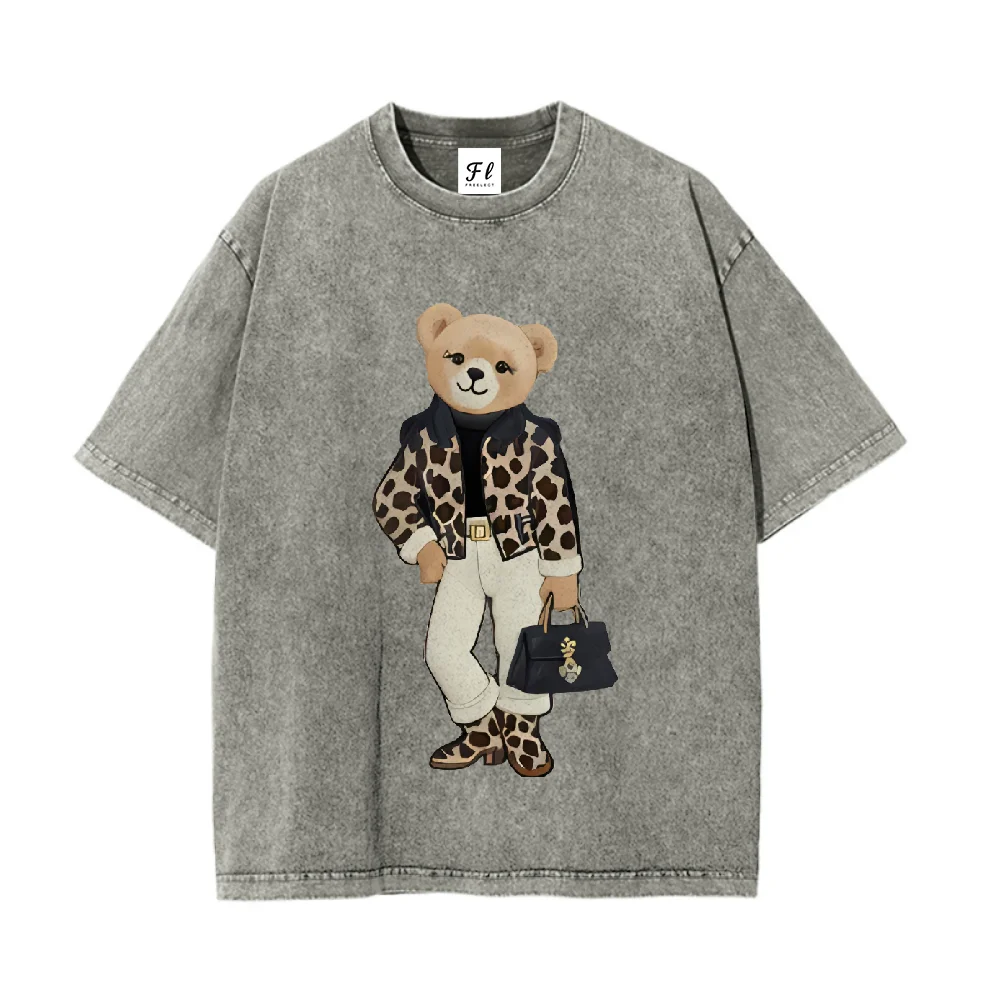 

Cute Fashion Bear Graphic Oversized T Shirt Women Vintage Washed Loose Short Sleeve Streetwear Unisex Casual Summer 2025 Hip Hop