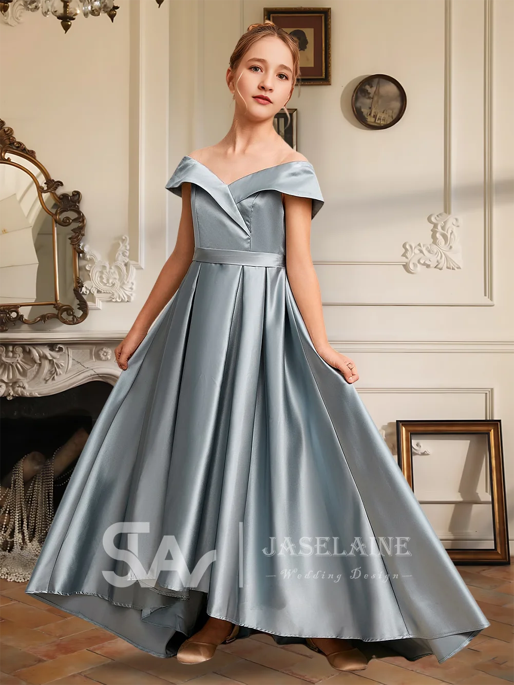 

A Kids Princess Ball Gown Junior Bridesmaid Dress Off Shoulder Asymmetrical Satin Flower Girl Dress Formal Wedding Party Special