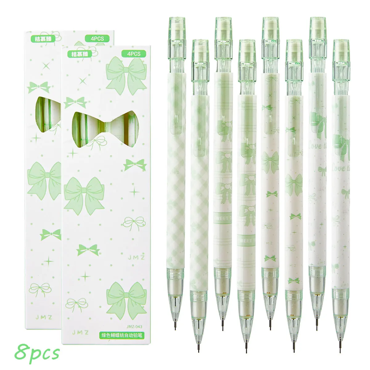 4/8PCS Green Bow Mechanical Pencil Set 0.5mm Cute Kawaii Retractable Pencil School Office Supplies Smooth Writing