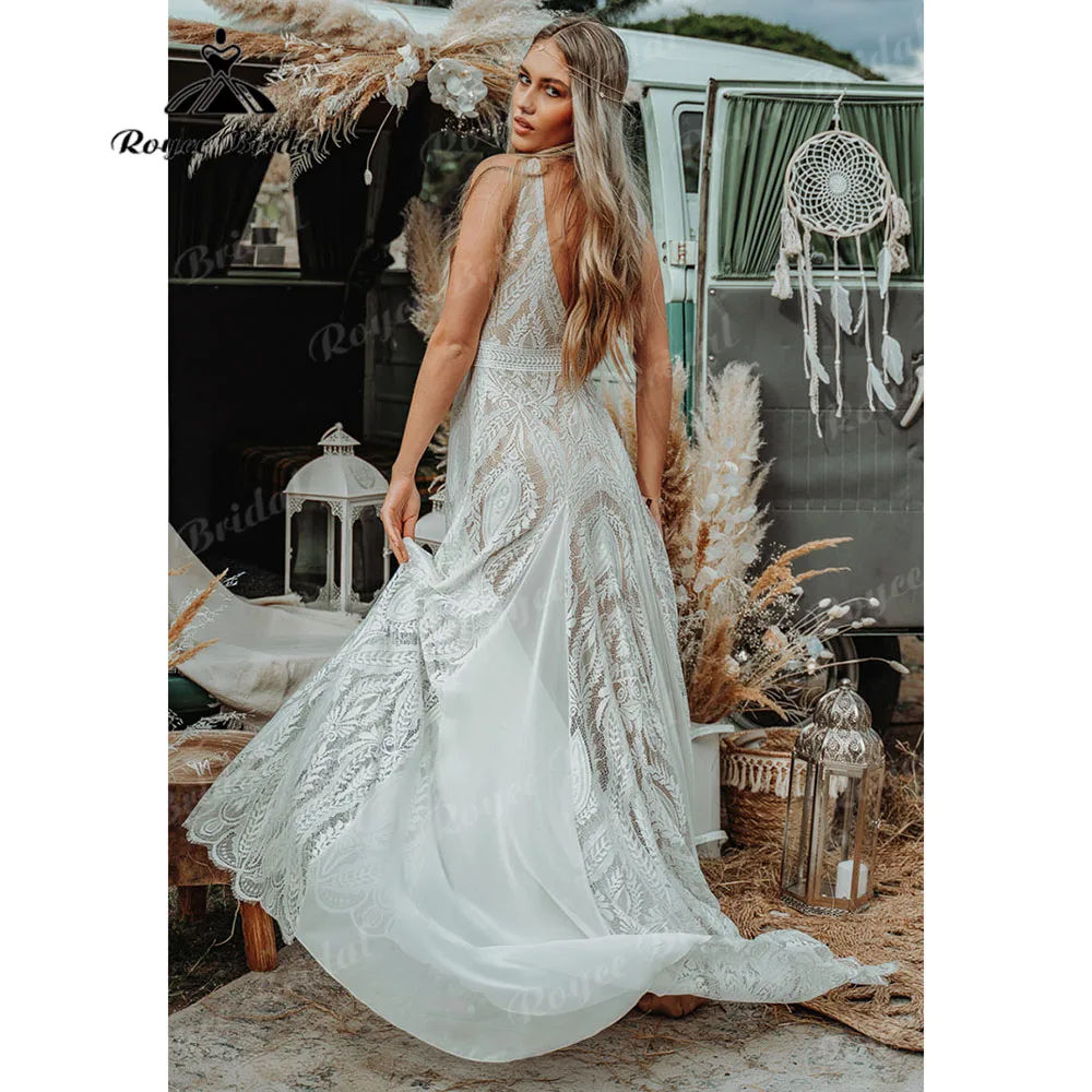 Robe civil sem mangas boho renda com decote em v vestido de casamento boêmio para mulher 2025 vestido de noiva sem costas vestidos de novia personalizado