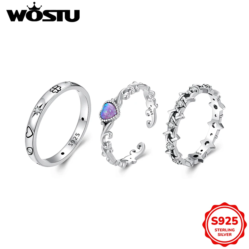 WOSTU 925 Sterling Silver Lucky Guardian Ring Opal Retro Pattern Ring Hexagram Ring For Women Fine Jewelry Party Date Daily Gift