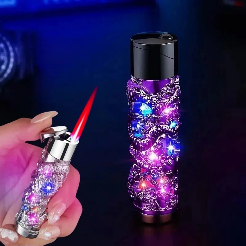 Lanterne gonflable en Relief en métal, briquet Portable coupe-vent, Turbine au Butane, torche Jet flamme bleue, outil pour cigares, cadeau à la mode pour hommes