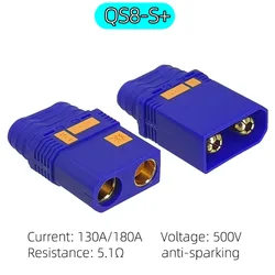 Blue QS8-S+ Extended Lithium Ion Battery Connector for Modelling Drones/Electric Toys 130A High Current Male and Female Plugs