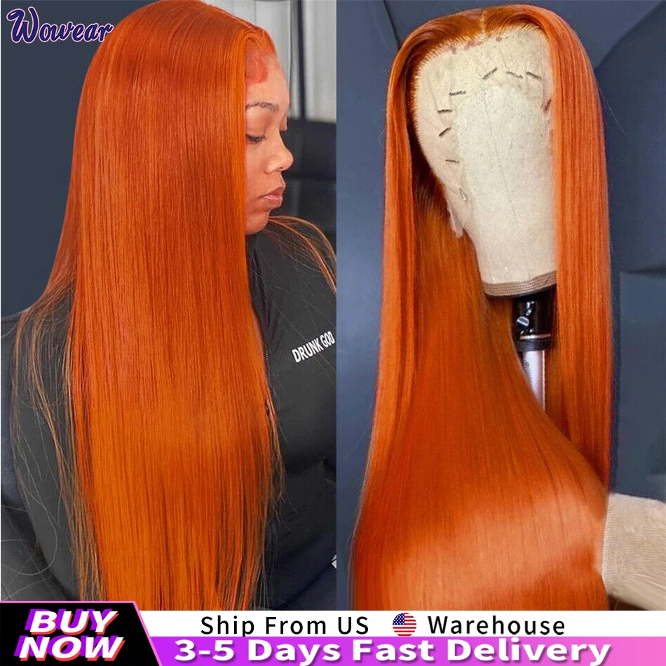 Straight Ginger Orange Colored Human Hair Wig 30 Inches 200 Density 13x6 13x4 HD Lace Frontal Wigs Wigs Pre Plucked For Women