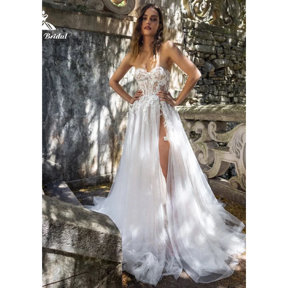 Roycebridal koronkowa aplikacja błyszcząca brokatowa tiulowa suknia ślubna 2025 linia dekolt w kształcie serca wysoki podział dostosowane Vestido femininos