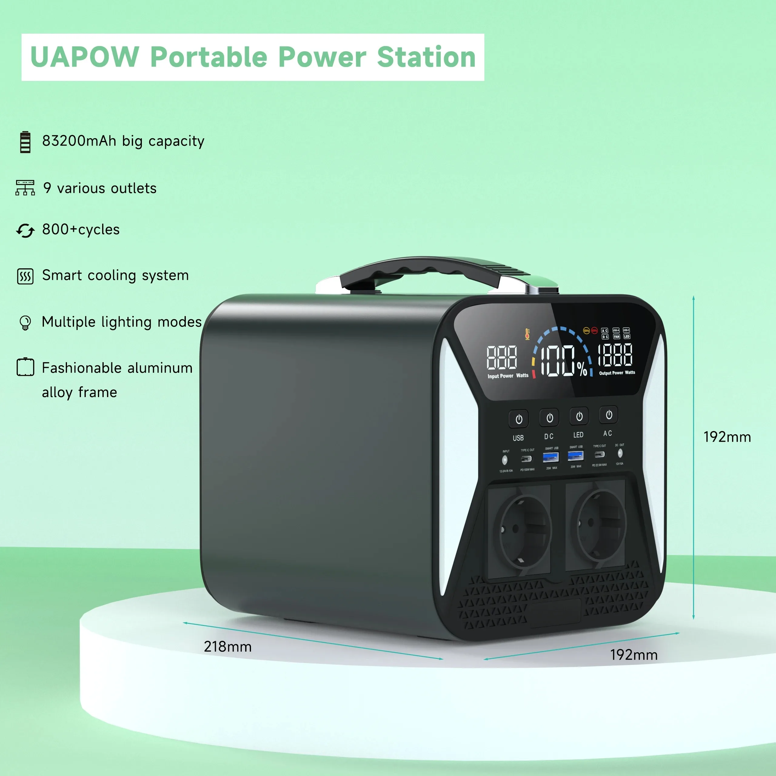 Estación de energía portátil para el hogar, generador Solar silencioso de carga rápida, RV al aire libre, 300/500/1000WH, con 2 salidas de CA/USB-C