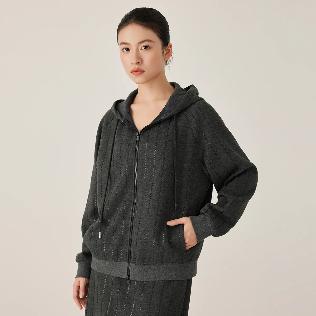 KL9523335 Women's High-End Casual Knit Hoodie Wool Blend Zipper Jacket Elegant Autumn Winter Fashion for Ladies