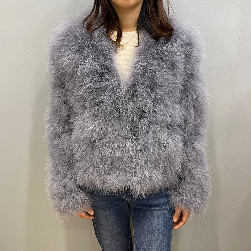 Ostrich Feather Coat for Women, 100% Natural Fur Coats, V Neck, Long Sleeve, Ladies Nightclub, Turkey Jackets, Winter Fashion