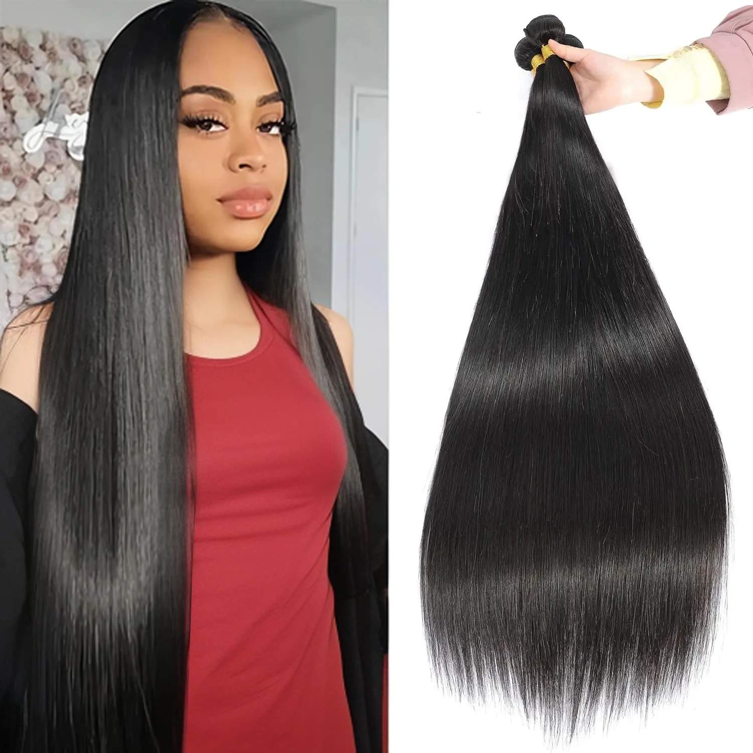 Straight Human Hair Bundles 1/3/4 Piece Brazilian Human Hair Extension Natural Weave Black 1B 24 26 28 30 Inch for Black Women