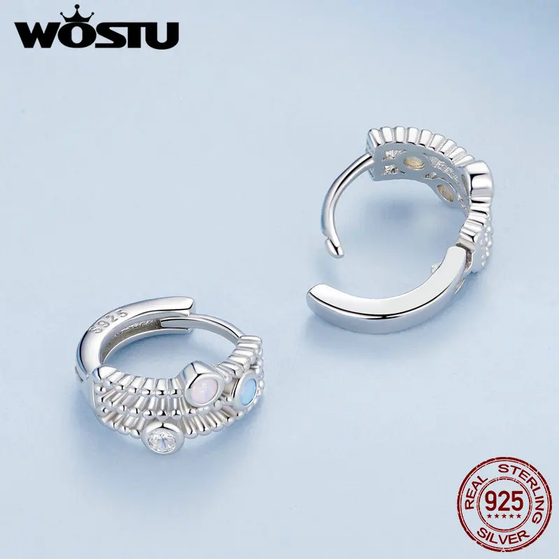 WOSTU 925 Sterling silver Dewdrop koraliki klipsy do uszu niebieski Opal Ear Hoop dla kobiet dziewczyna oryginalna biżuteria delikatny prezent