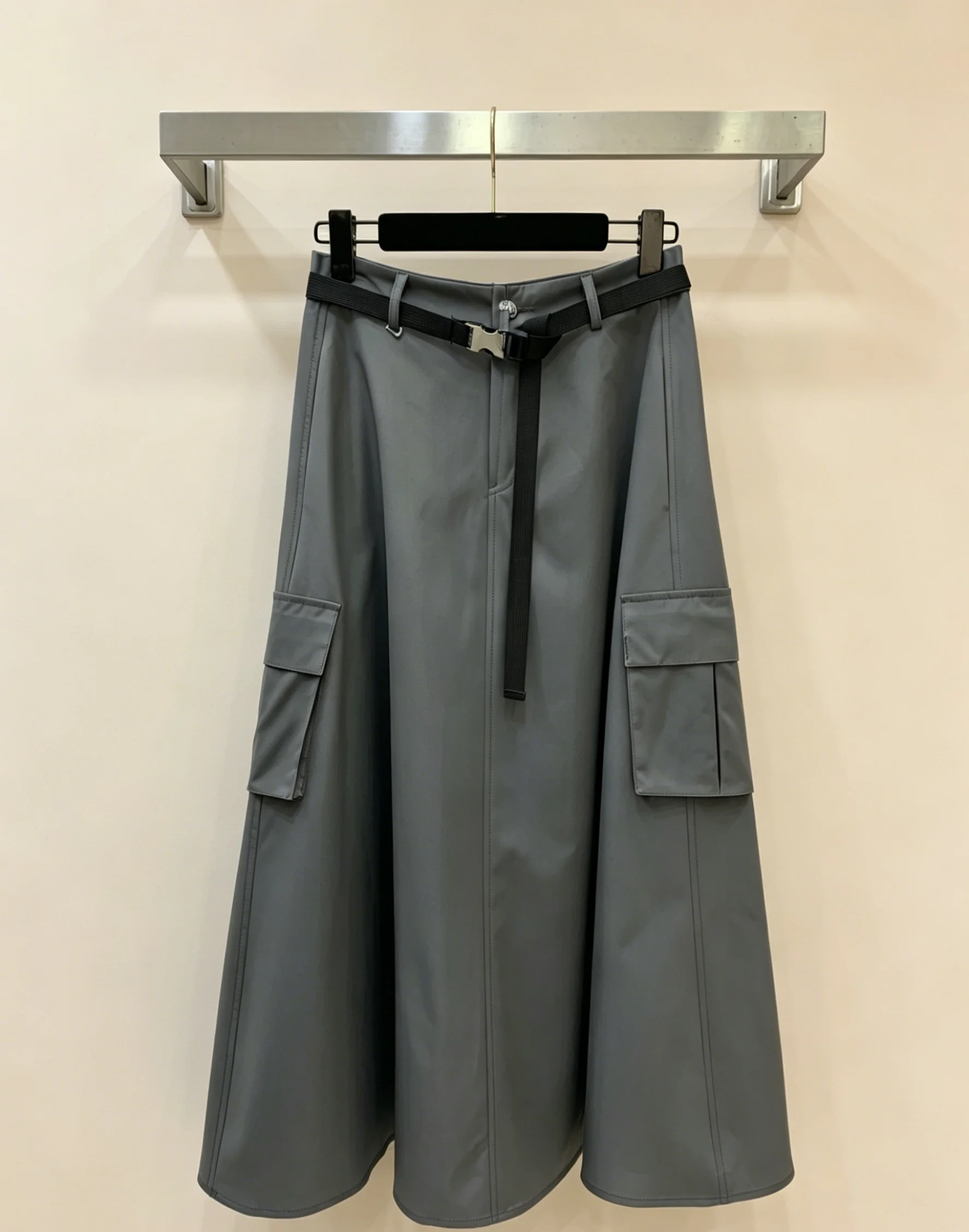 

2026 New Style Womens Black and Gray Two Color Half Skirt Size M L High Waist With Belt Code 017