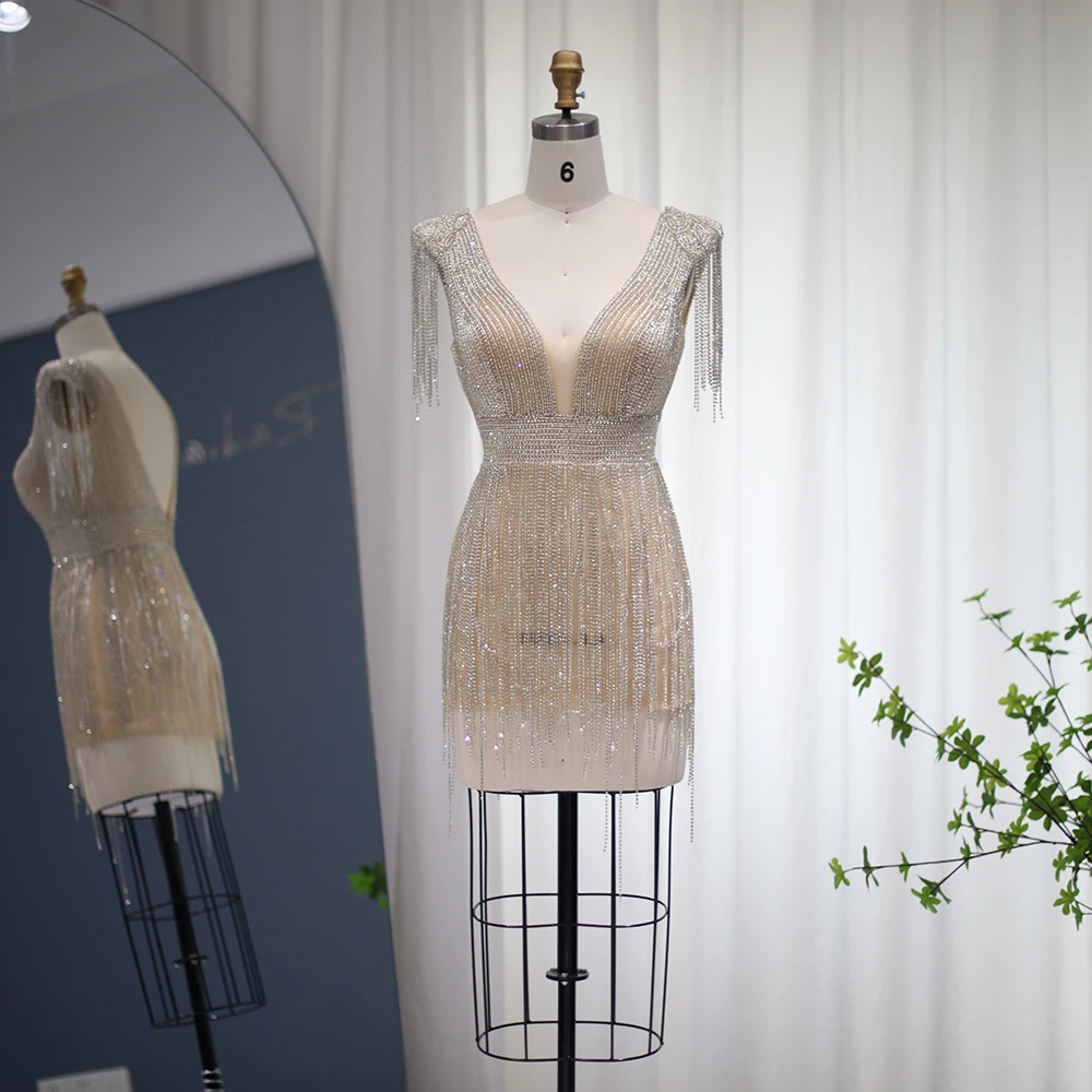 Sharon Said encantador vestido de fiesta de sirena con cuello en V desnudo con borla Mini vestidos de fiesta de noche cortos RM043 personalizado
